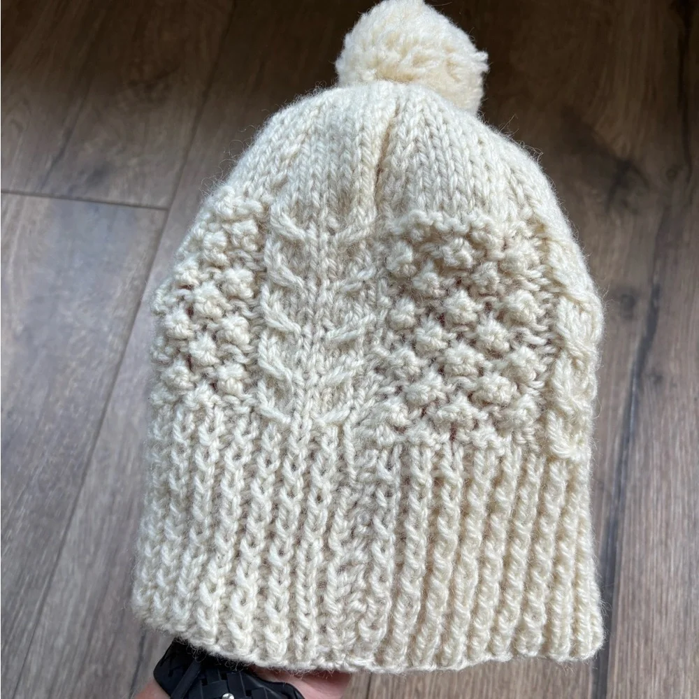 Handknit Wool Beanie with Pom – Cream Cable Knit Woodsy Cottagecore